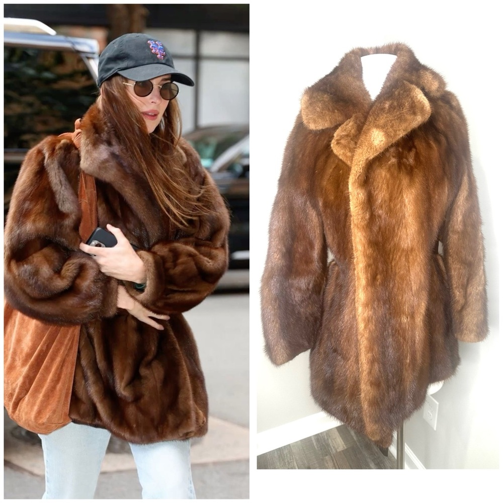 GORGEOUS BROWN FUR JACKET W/ LEATHER BELT- PREOWN- S/MP